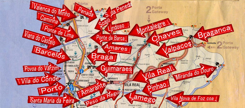 ポルトガル北部（ミーニョ地方、ドウロ地方）の地図